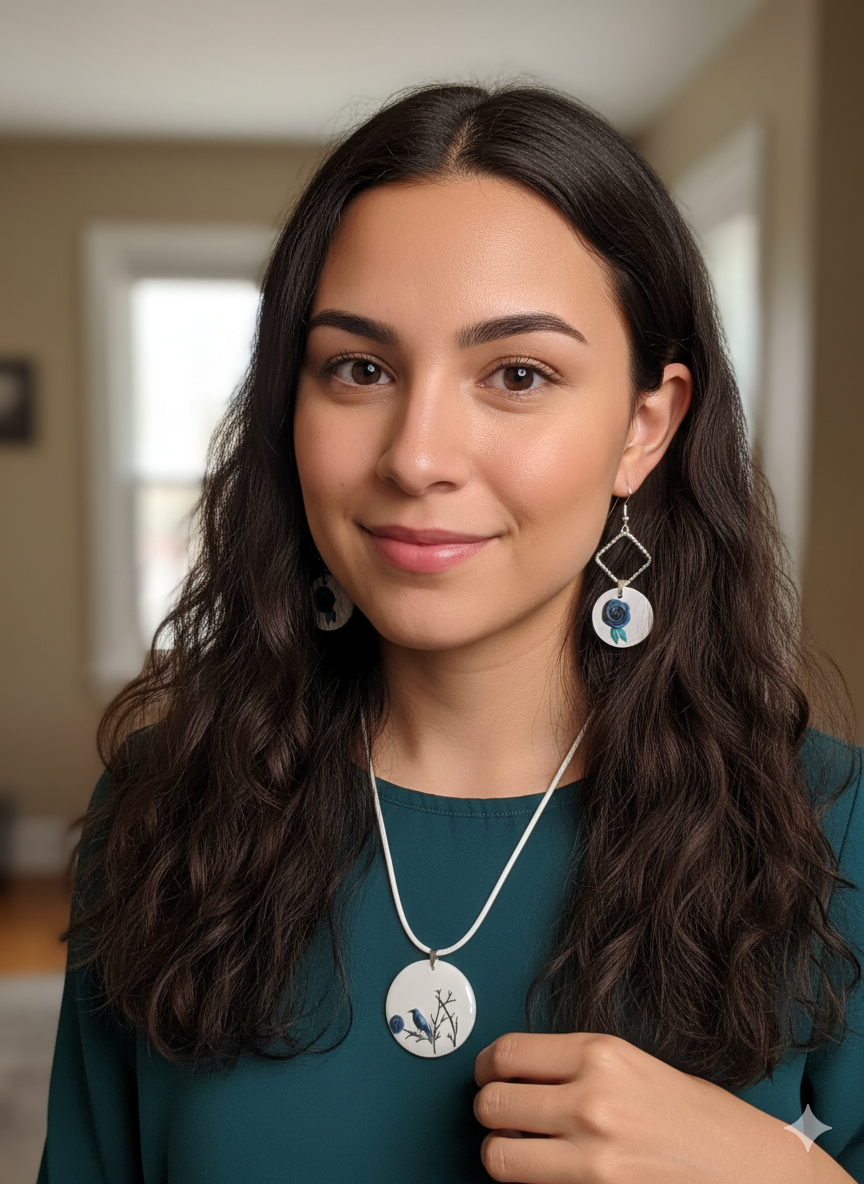 epoxy resin pendant and earring set with nature motif