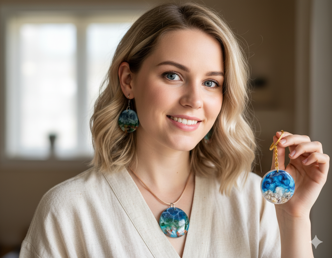 set of pendant, earrings and keychain with a sea theme