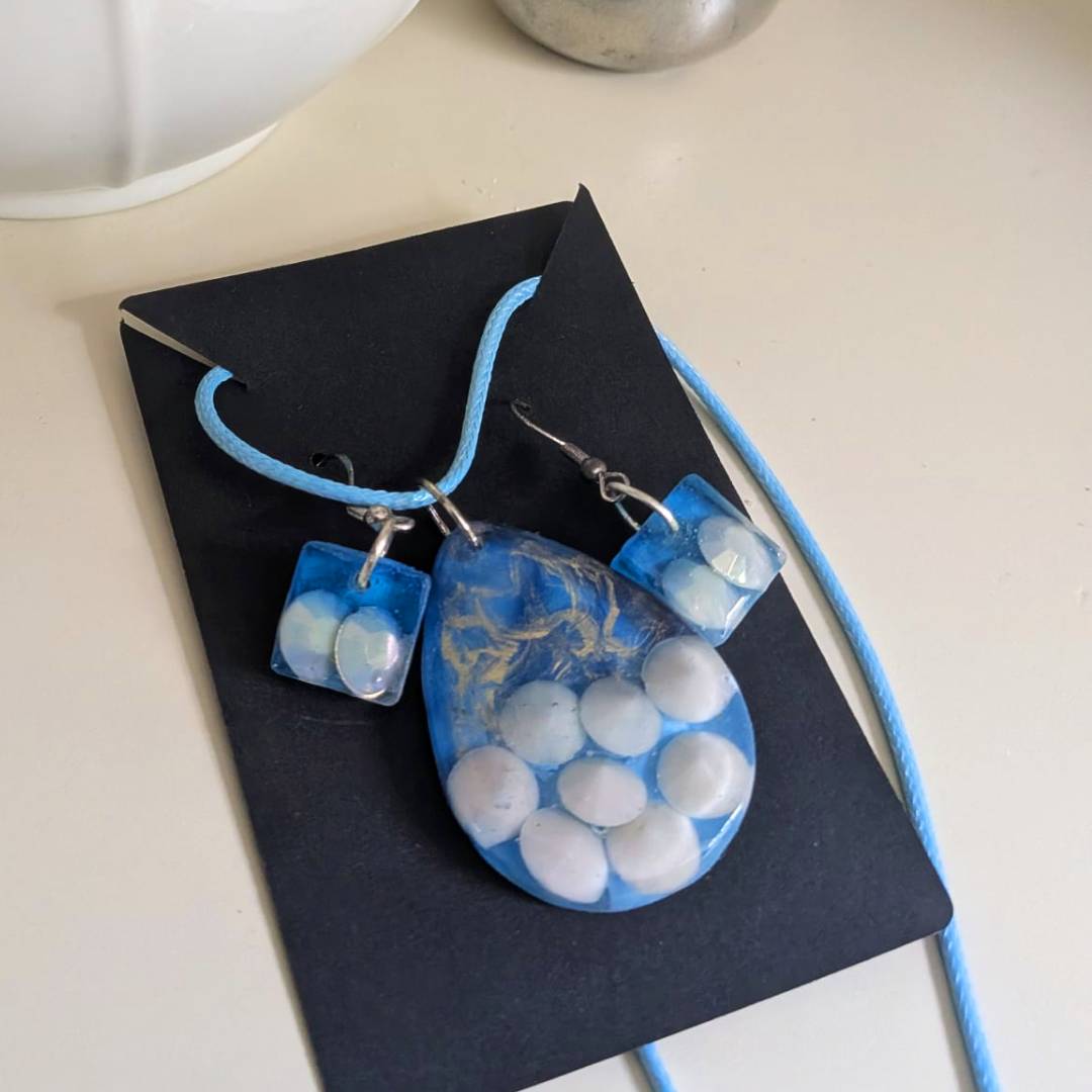 Blue Epoxy Resin Necklace & Earring Set