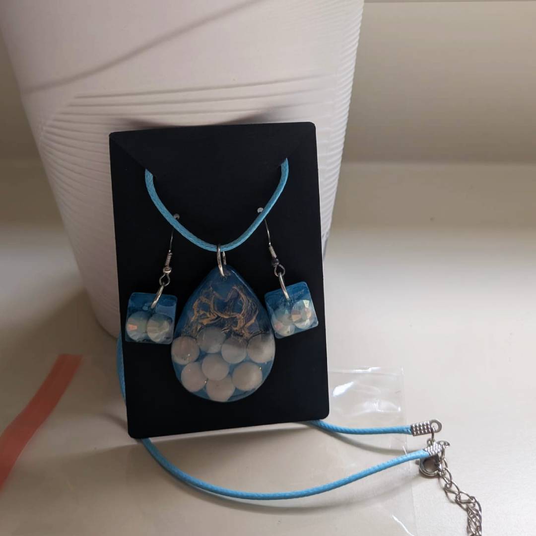 Blue Epoxy Resin Necklace & Earring Set