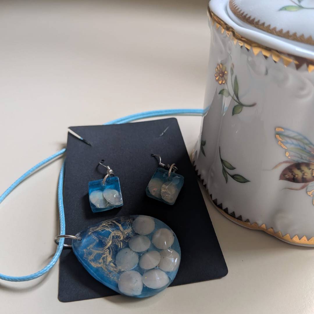 Blue Epoxy Resin Necklace & Earring Set